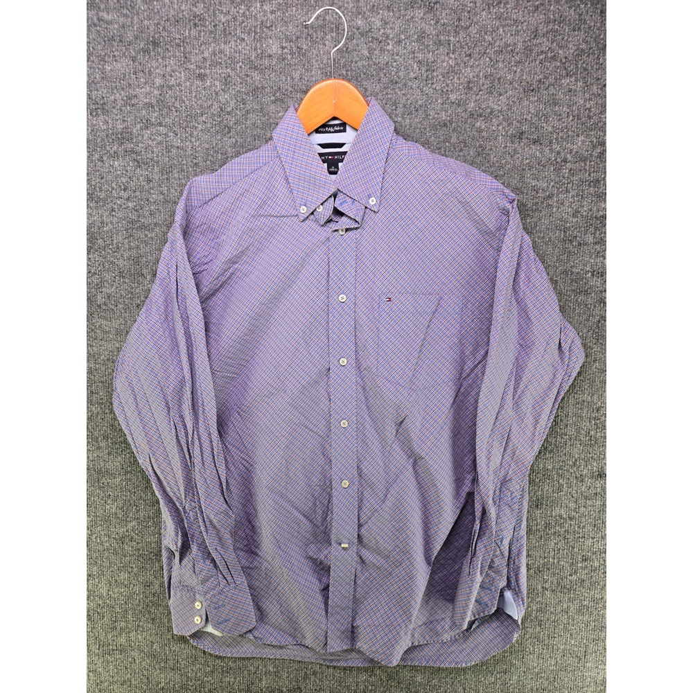 Tommy Hilfiger Mens Blue Red Plaid Button Down Shirt 80s 2-Ply Cotton Size M